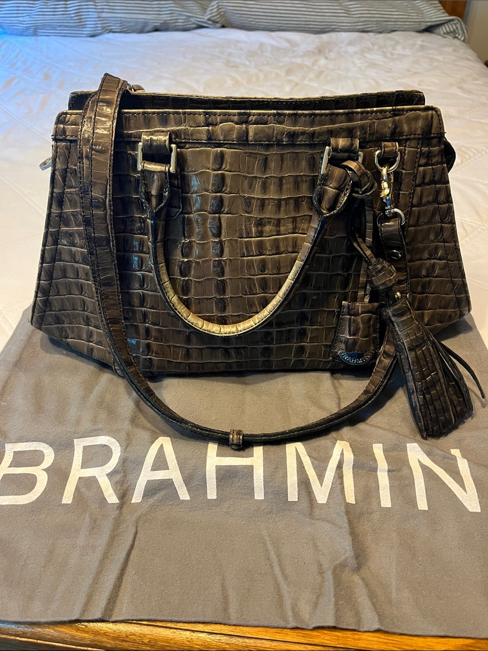 Brahmin Croc-Embossed Satchel in Grey